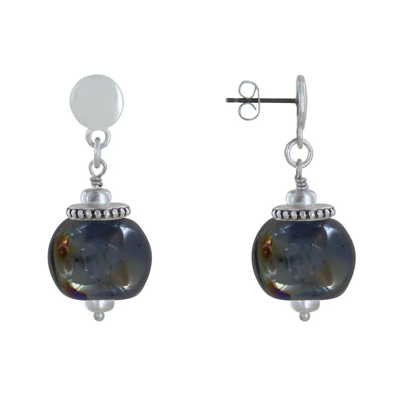 Boucles d'Oreilles Clous Métal Argenté et Grosses Perles en Céramique