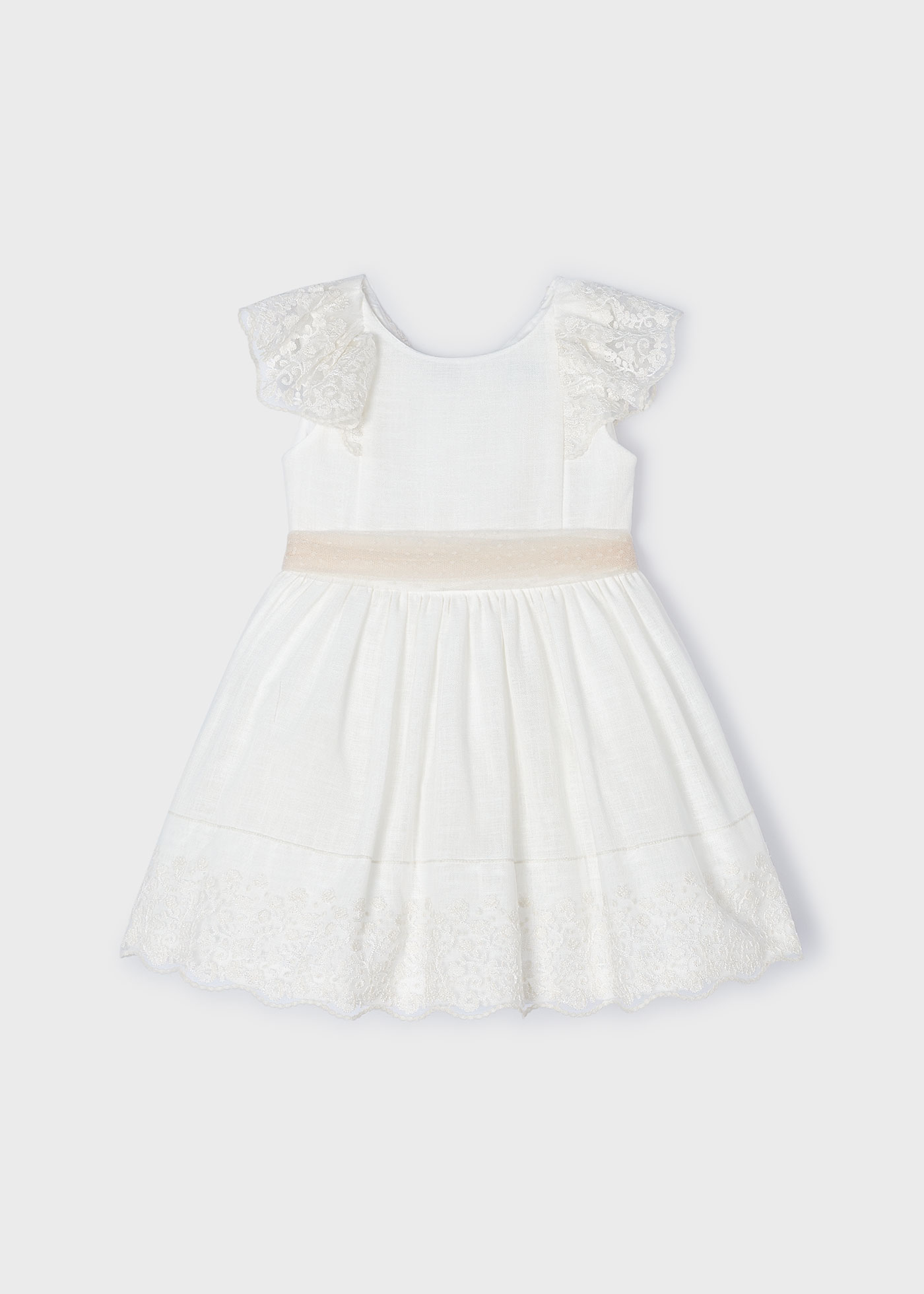 Vestido nude de renda com faixa plumetti para meninas