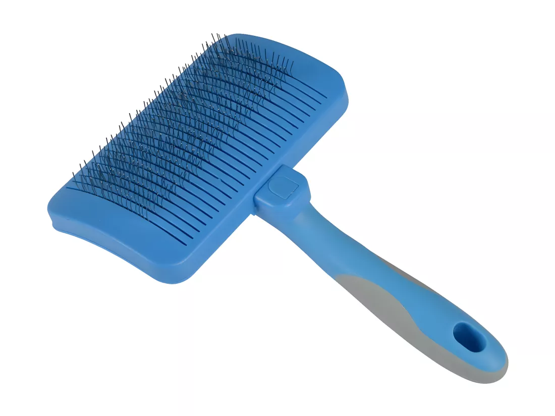 Brosse de toilettage carde rétractable pour animaux - Gris/Bleu - L 17 cm
