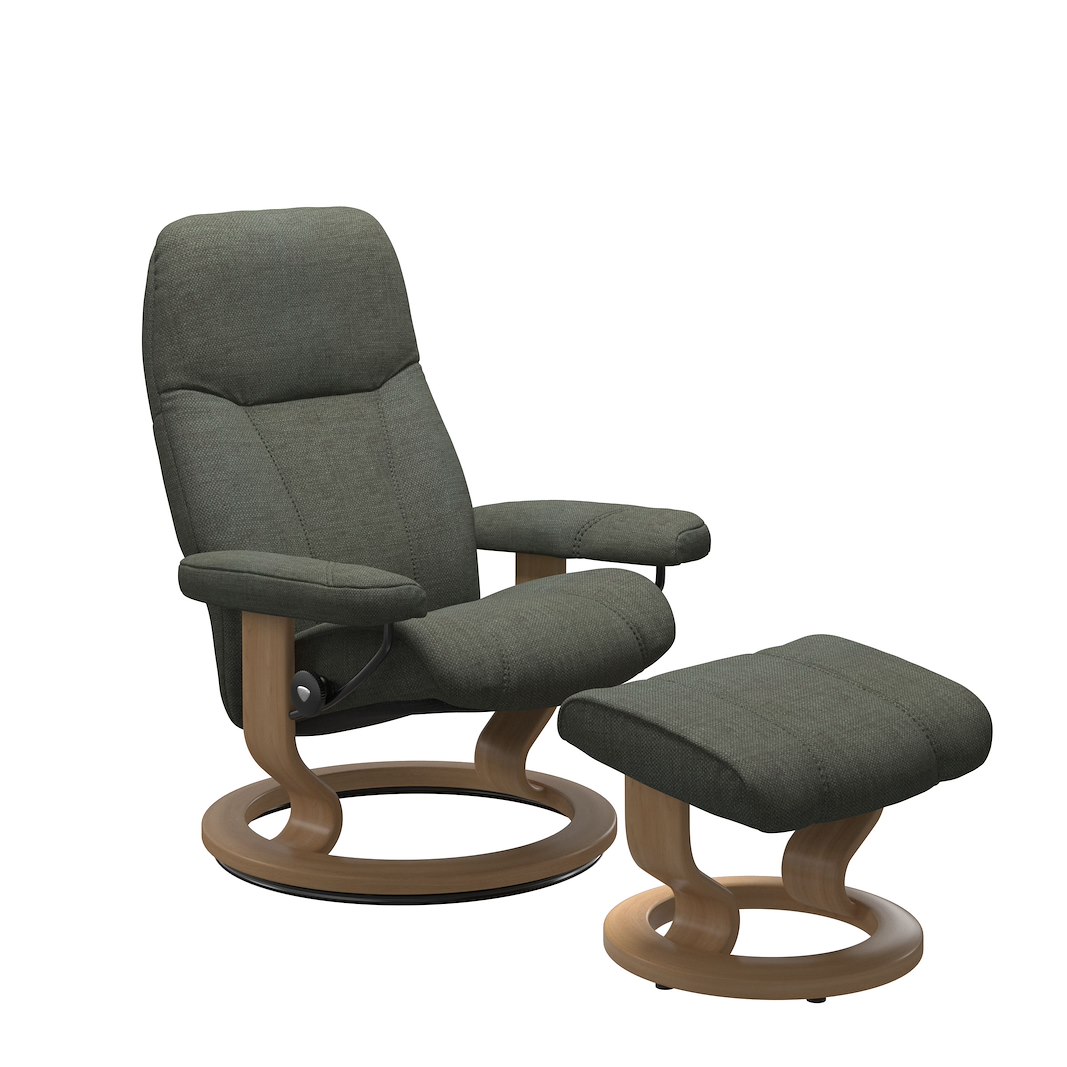 Consul (M) Classic lenestol med krakk Tekstil Daisy Green og Classic understell eik.