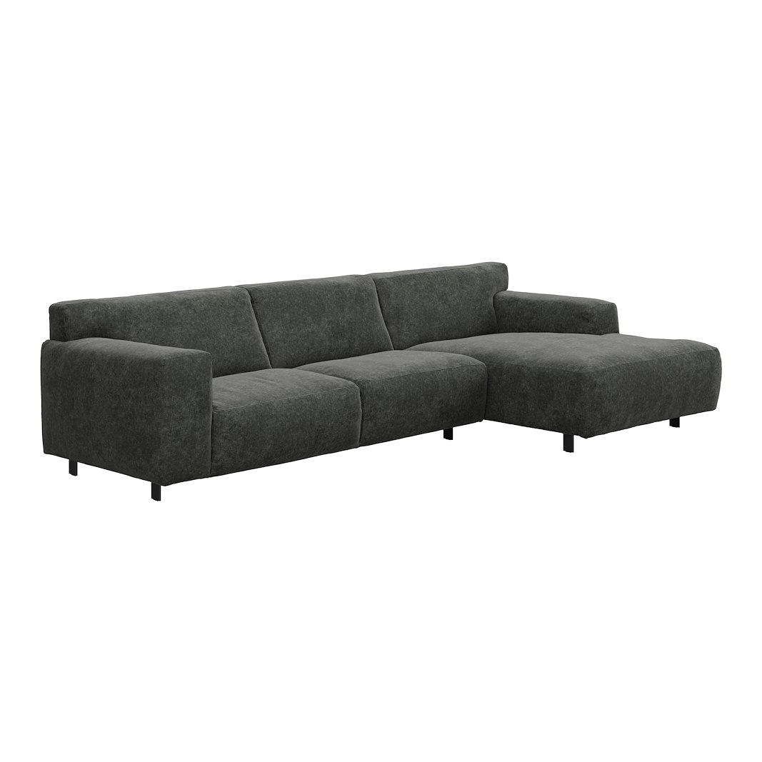Vesta 2,5-seter med sjeselong høyre I Tekstil Eros Antracit, standardsøm, sort metallben 10 cm, Comfort CM