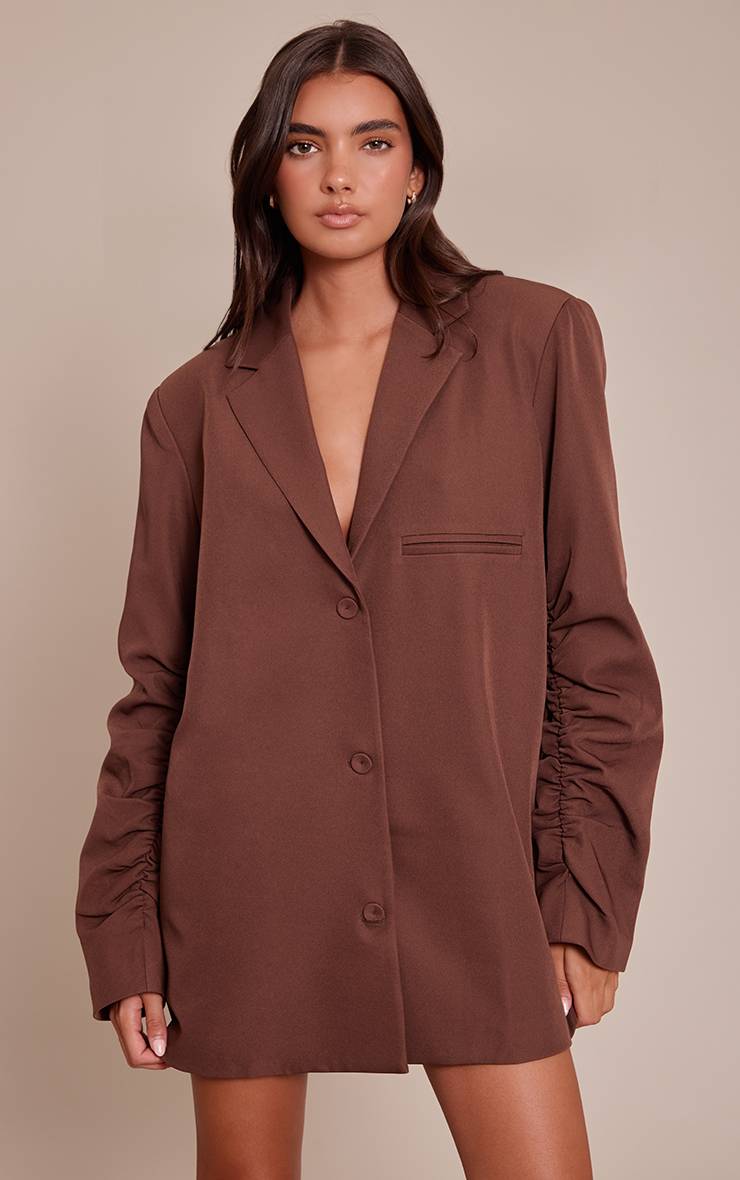 Light Brown Robe Blazer Cintrée En Tissu Tissé À Manches Froncées