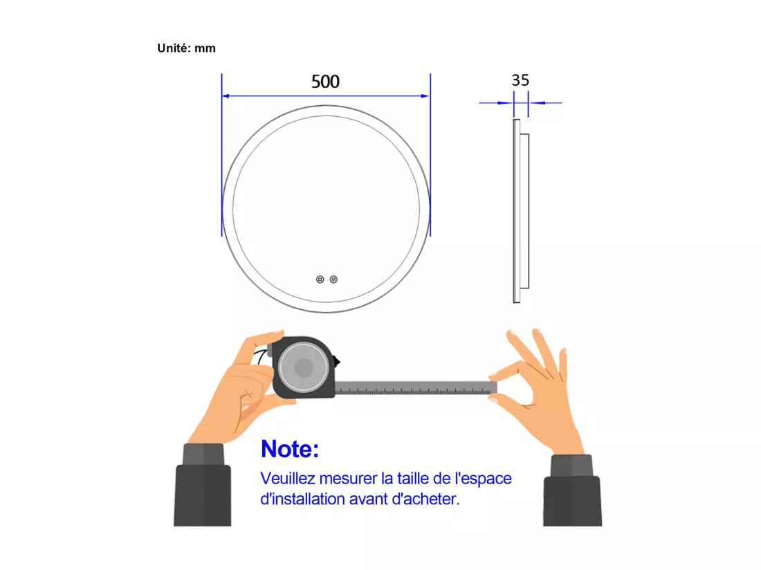 EMKE Miroir lumineux salle de bain rond diamètre 50cm, Miroir LED avec Interrupteur Tactile, Anti-buée, Miroir avec éclairage 3 couleurs