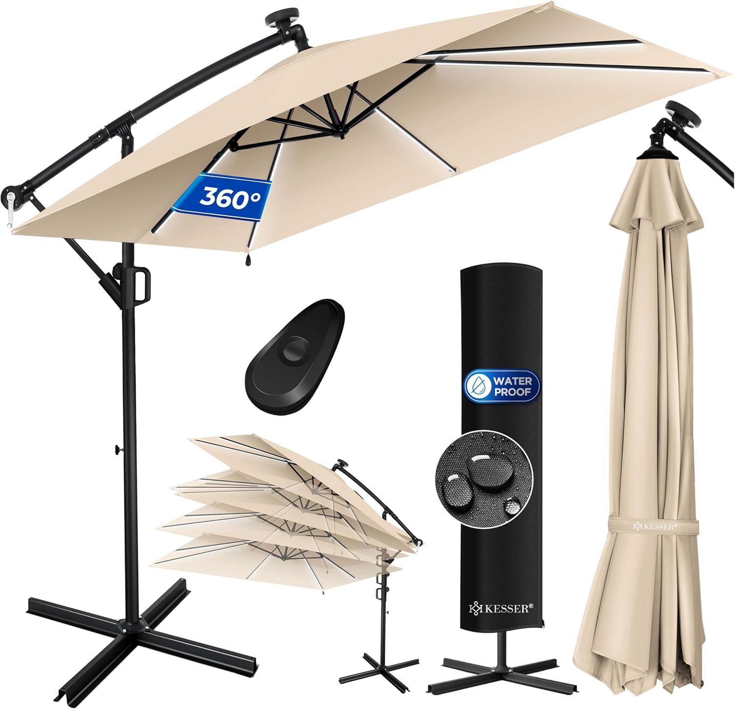 KESSER® Ampelschirm Holly Sonnenschirm Rechteckig LED Solar inkl. Abdeckung | Kurbel-Schirm mit Ständer UV-Schutz Aluminium Wasserabweisend Ø350cm Gartenschirm Beige