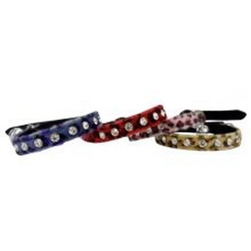 Coleira para gato com estampa de leopardo e strass incrustados.
