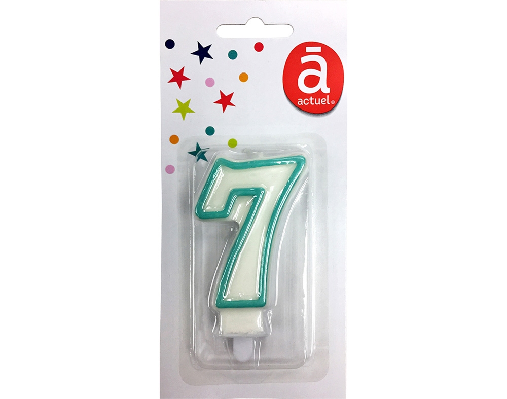VELA DE ANIVERSÁRIO ACTUEL BRANCO COM REBORDO AZUL NÚMERO 7