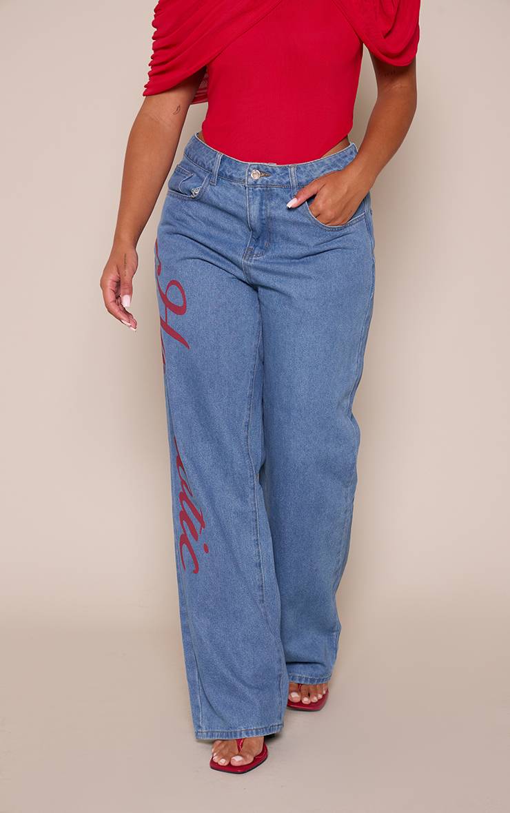 Light Blue Wash Jean Droit Taille Basse Avec Slogan Shape
