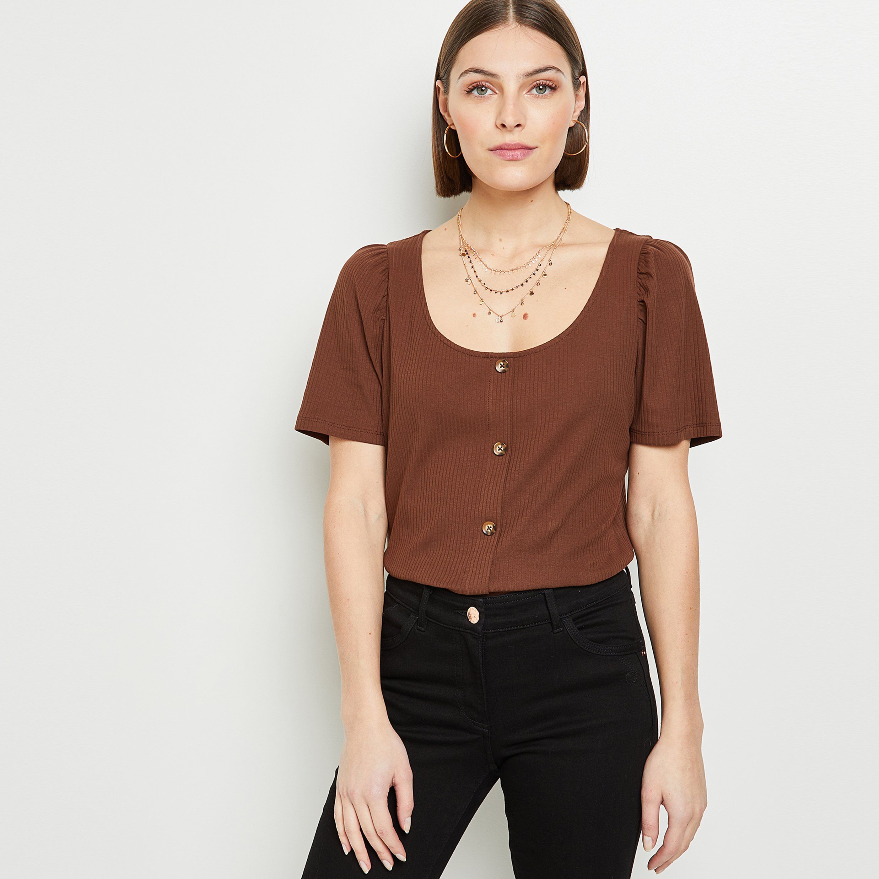 Tshirt côtelé femme - MARRON