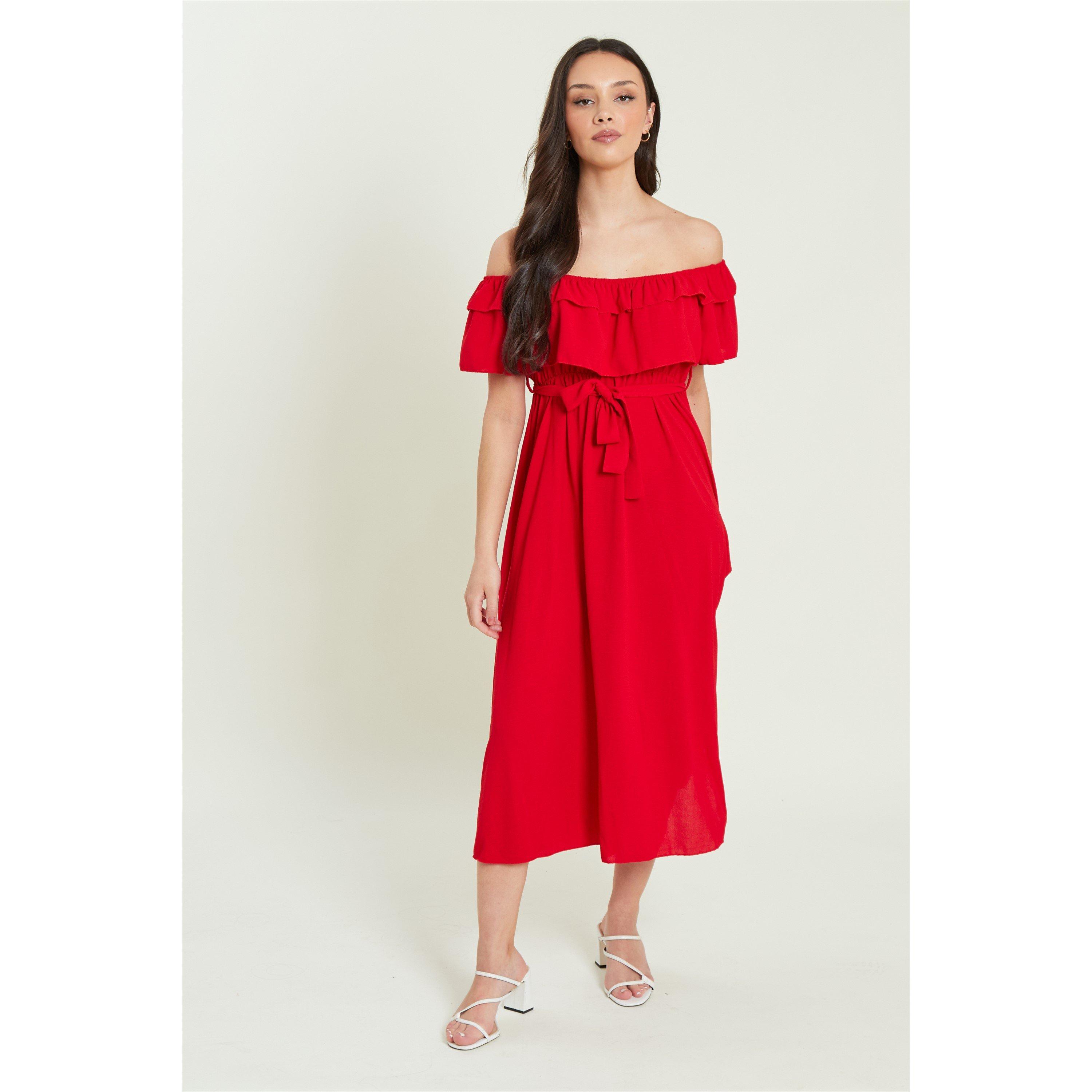 Be You Frill Frill Bardot Belted Midaxi Dress