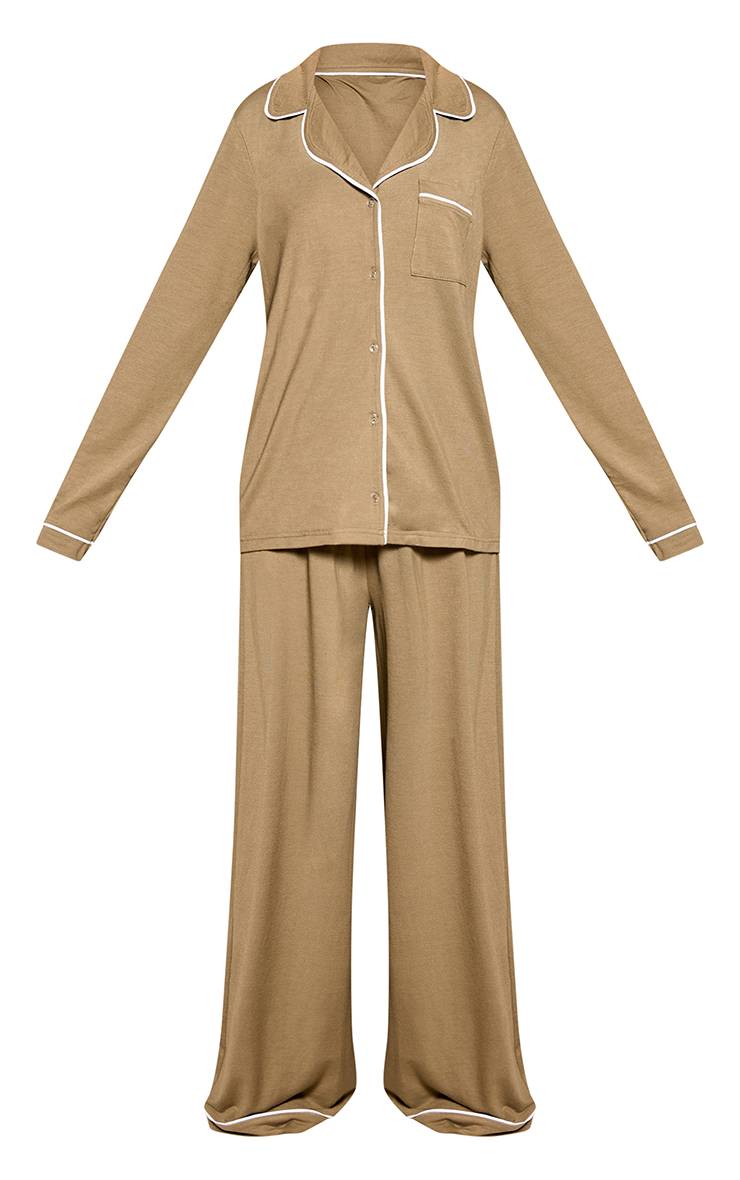 Vert Olive Foncé Ensemble Pyjama Haut Manches Longues Et Pantalon En Jersey Doux Avec Passepoil