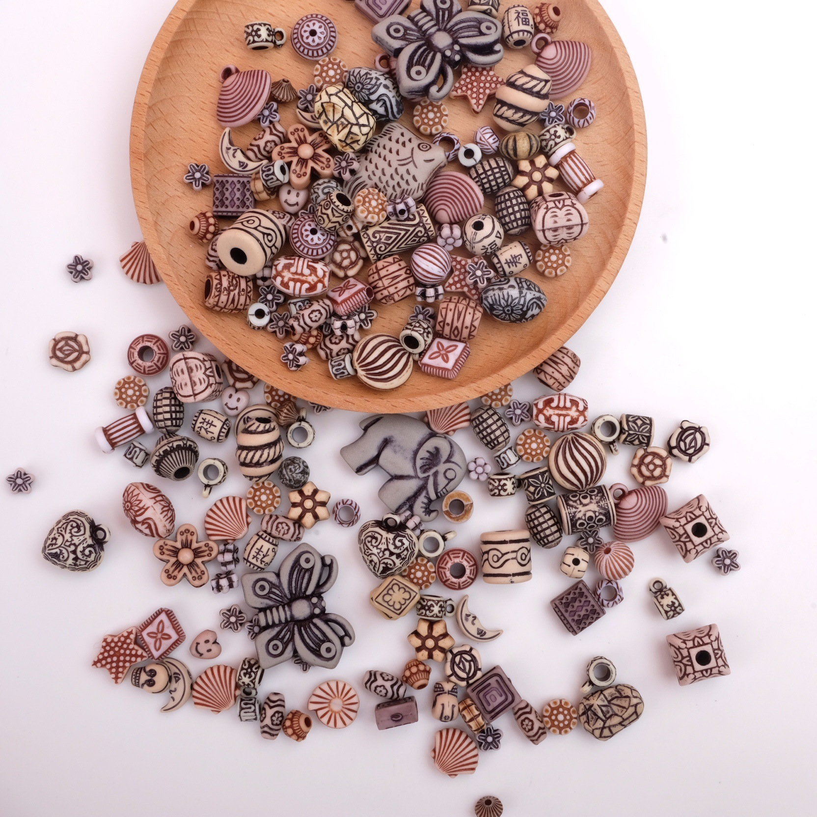 (100er Set) Holz Ornament Perlen DIY Bastel Schmuck Zwischenperle für Armband / Kette - Assortiert