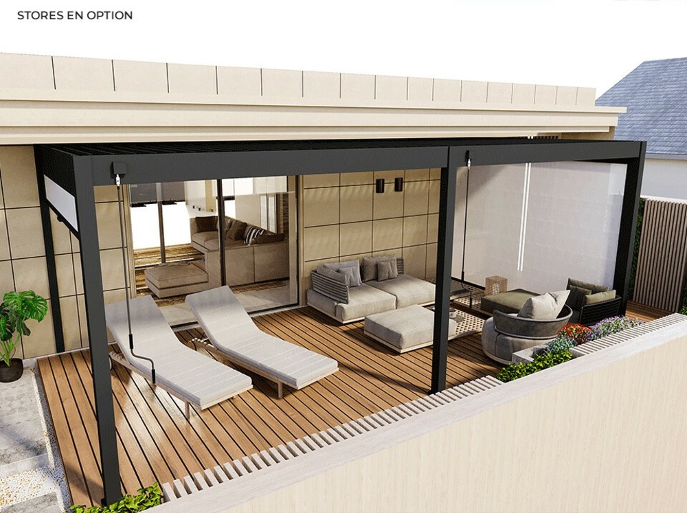 Pergola bioclimatique 3,6x5,3m - eclipse 19m² - gris - autoportee - lames en acier galvanisé - orientables de 0 à 120°