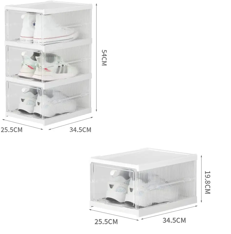 (34.5x54cm) Stapelbare Schuh Aufbewahrungs Box 3-facher Schuh Organizer Faltbare Kunststoff Schuhkartons - Weiss / Transparent