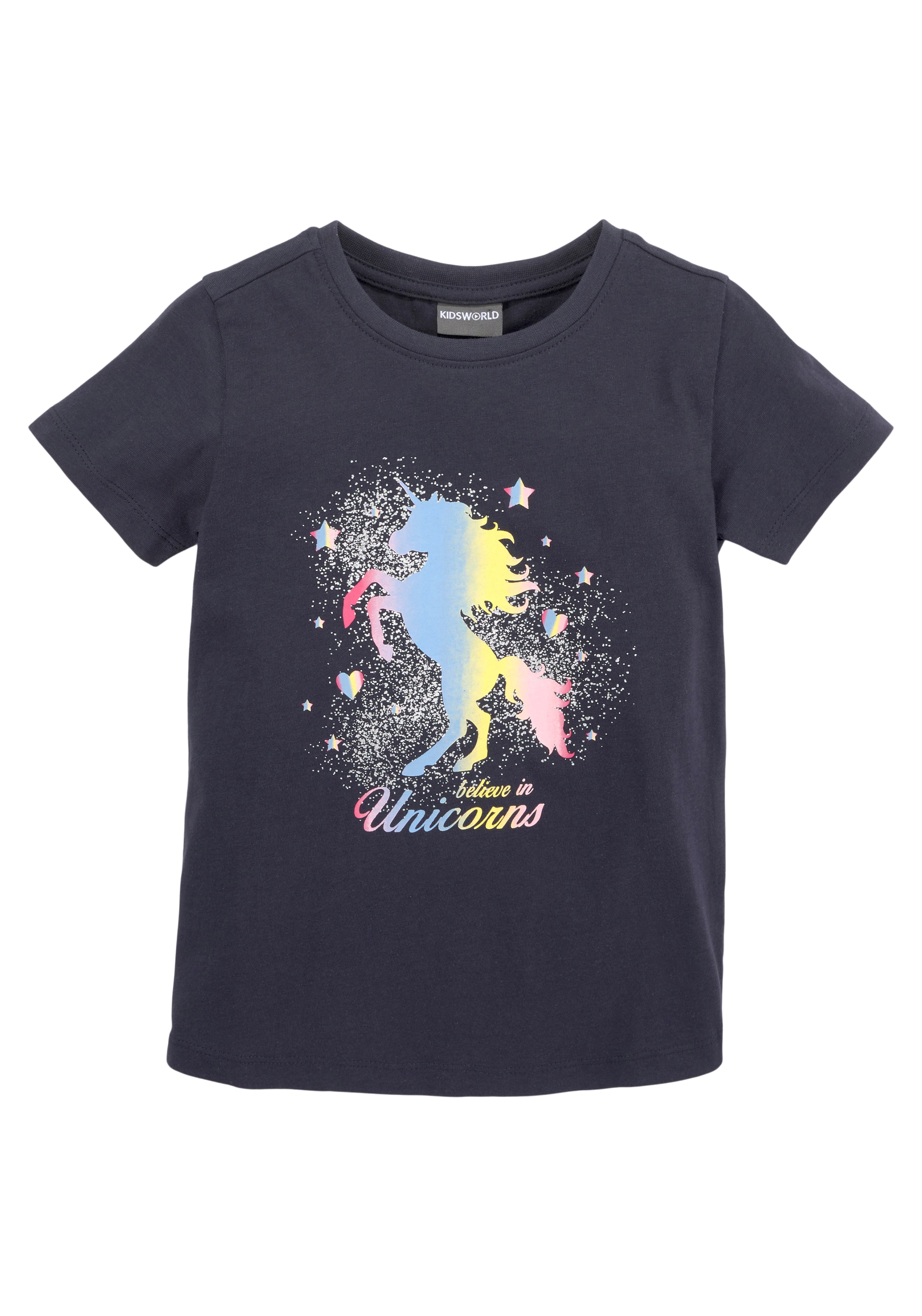 KIDSWORLD T-Shirt »believe in Unicorns«, Kurzarm,  hüftlange Passform,  mit Glitzerdruck,  Rundhalsausschnitt