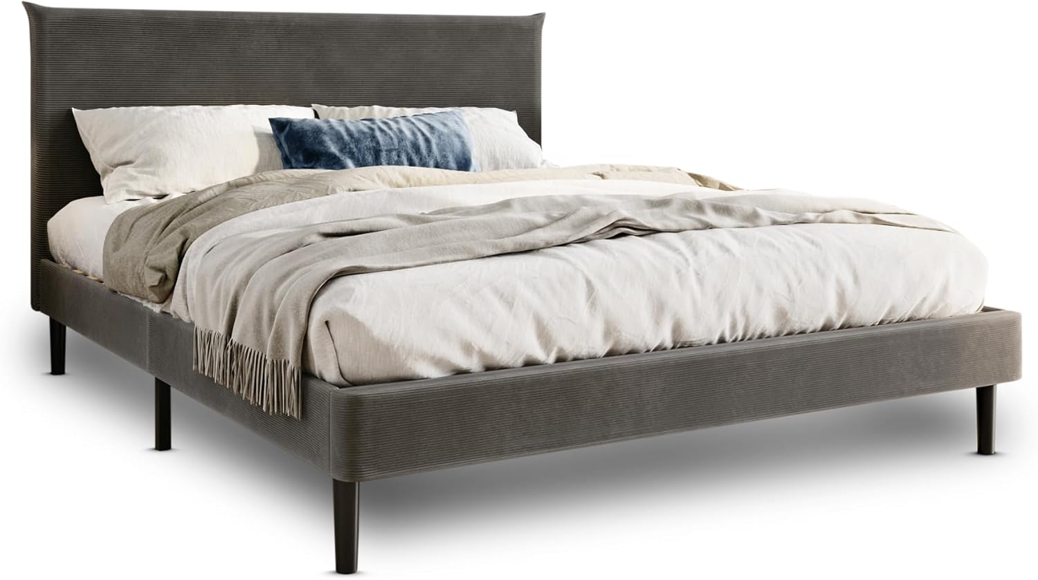 Home Collective Bett 160x200 und 160x200 cm Polsterbett mit Lattenrost Bettgestell Doppelbett mit weichem Cordbezug und gepolstertem Kopfteil Robustes Gestell hoher Liegekomfort Grau 160x200 cm
