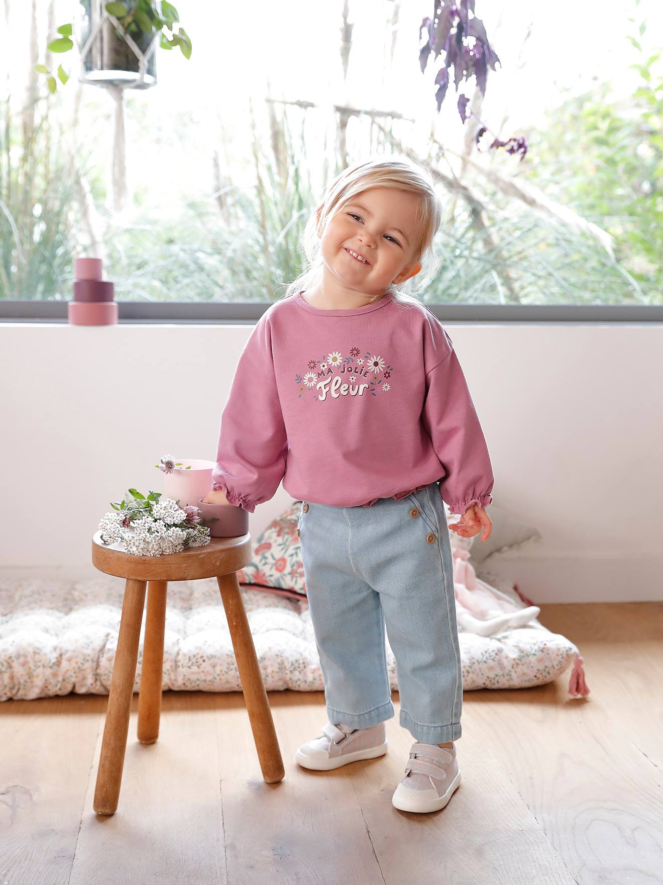 Calças jeans de pernas largas com reforço duplo na virilha para bebês