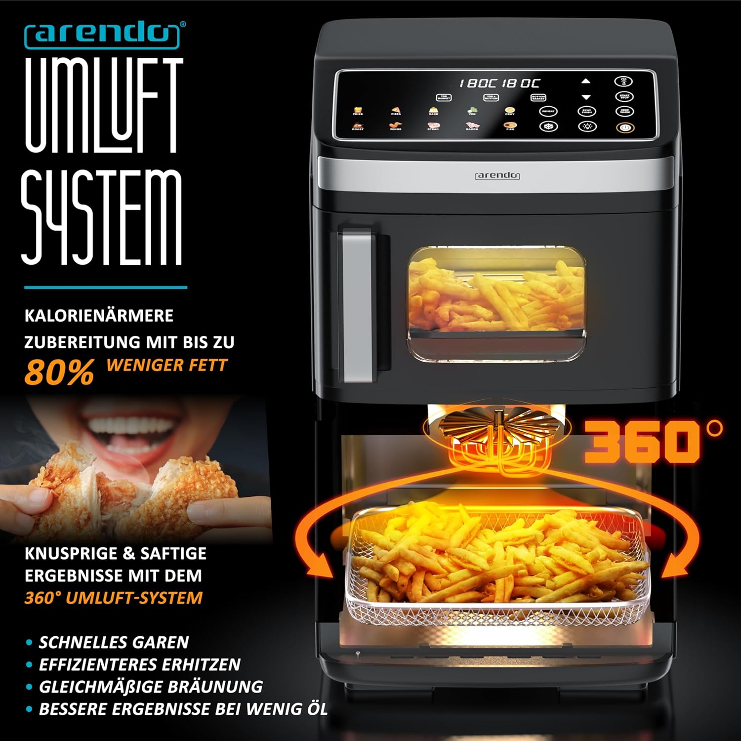 Arendo - Heißluftfritteuse 2 Kammern - XXL Dual Zone – 17 Liter – 2800 W – 2 Zonen – Touch Bedienfeld – mit Sichtfenster – Synch- und Match-Funktion – Doppelstöckig – 3D Umluftsystem
