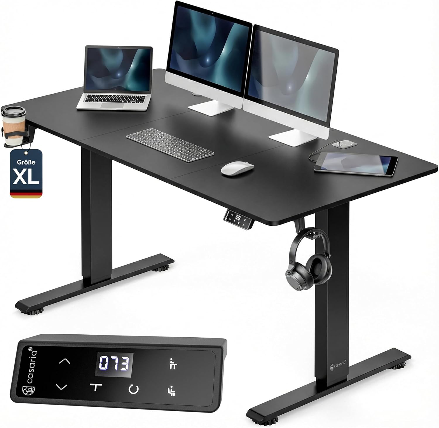 Casaria® Höhenverstellbarer Schreibtisch elektrisch 160 x 70 cm mit Wireless Charger & USB-C/A Anschluss LCD-Display Memory-Funktion 80 kg belastbar ergonomisch Schwarz