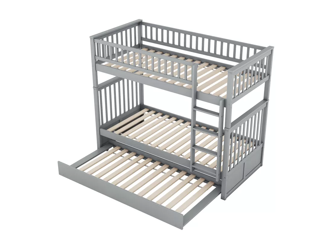 Lits superposés 2 x 90 x 200 cm + lit gigogne 90 x 190 cm - Bois MDF - Gris - ANTHONY