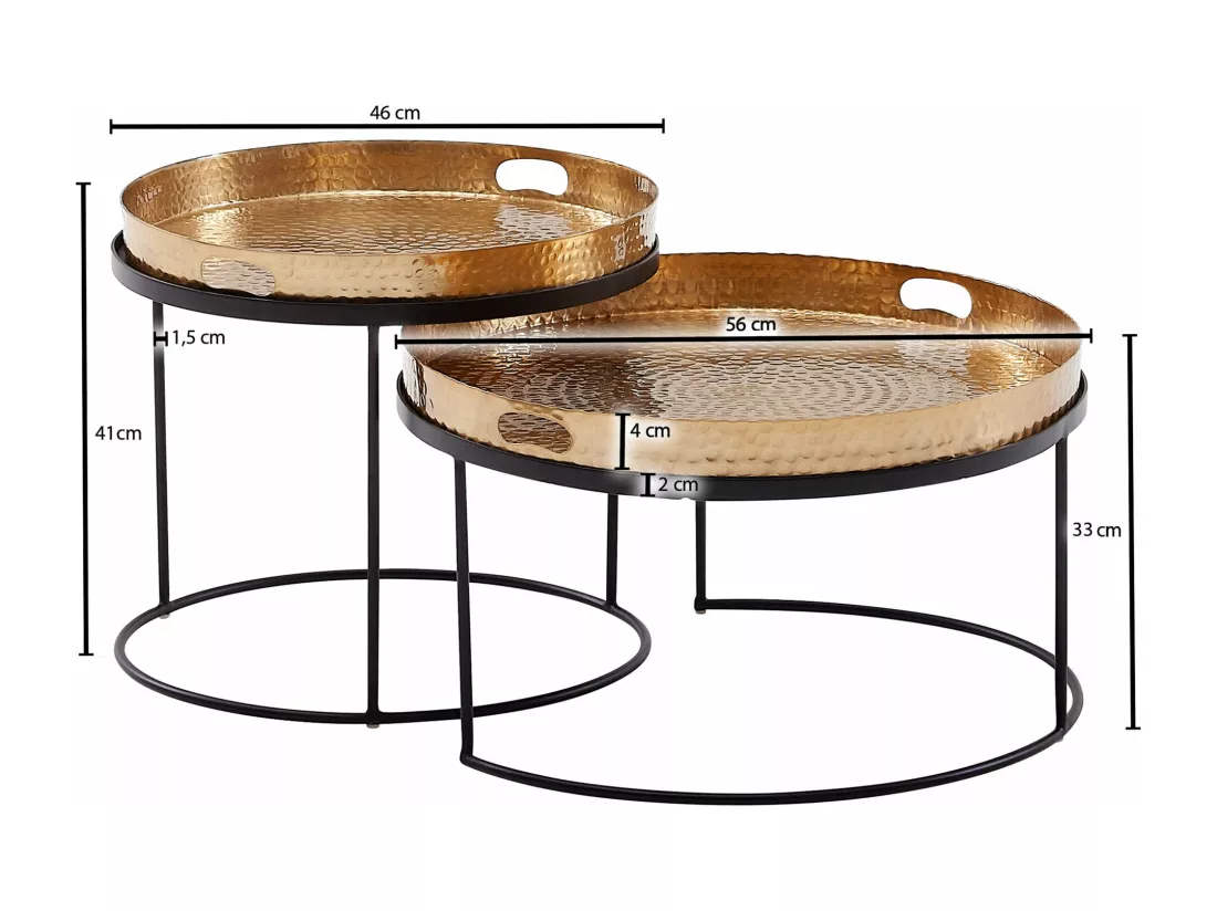 Lot de 2 tables basses gigognes en métal doré/noir finition martelée ronde / plateau amovible