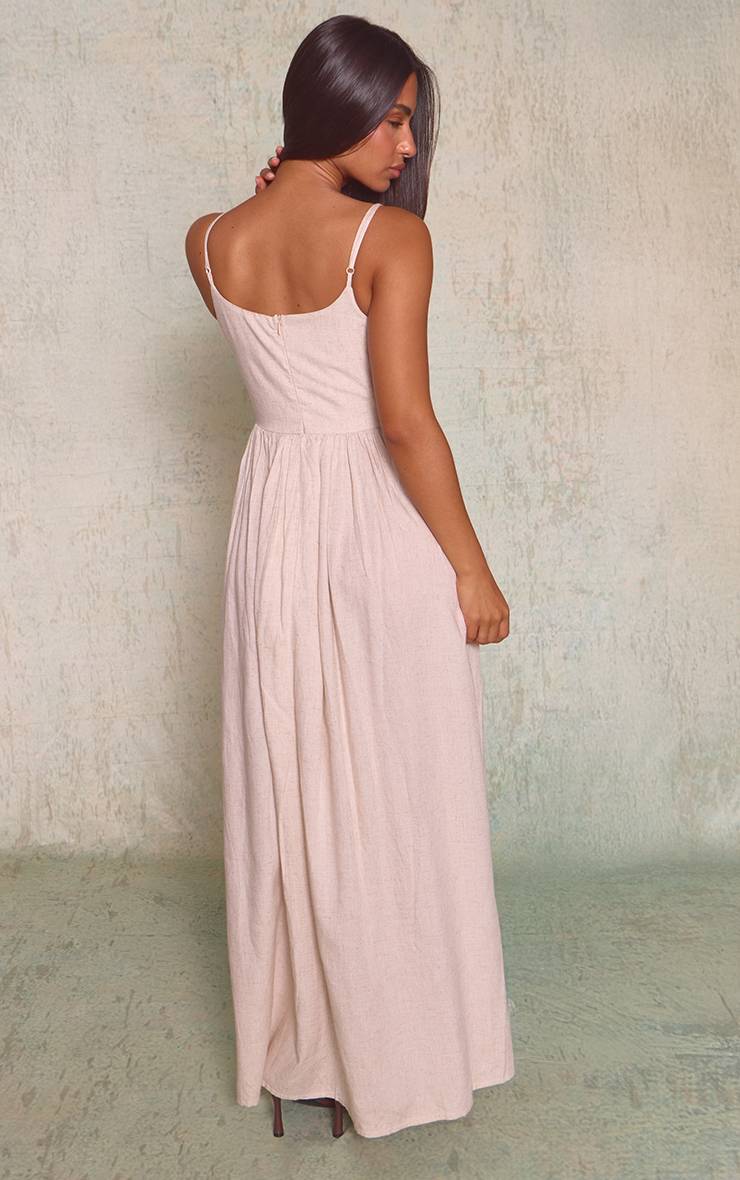 Taupe Robe Maxi Aspect Lin Taille Froncée Encolure Dégagée Petite