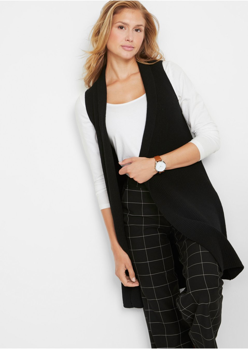 Gilet long sans manches en maille côtelée