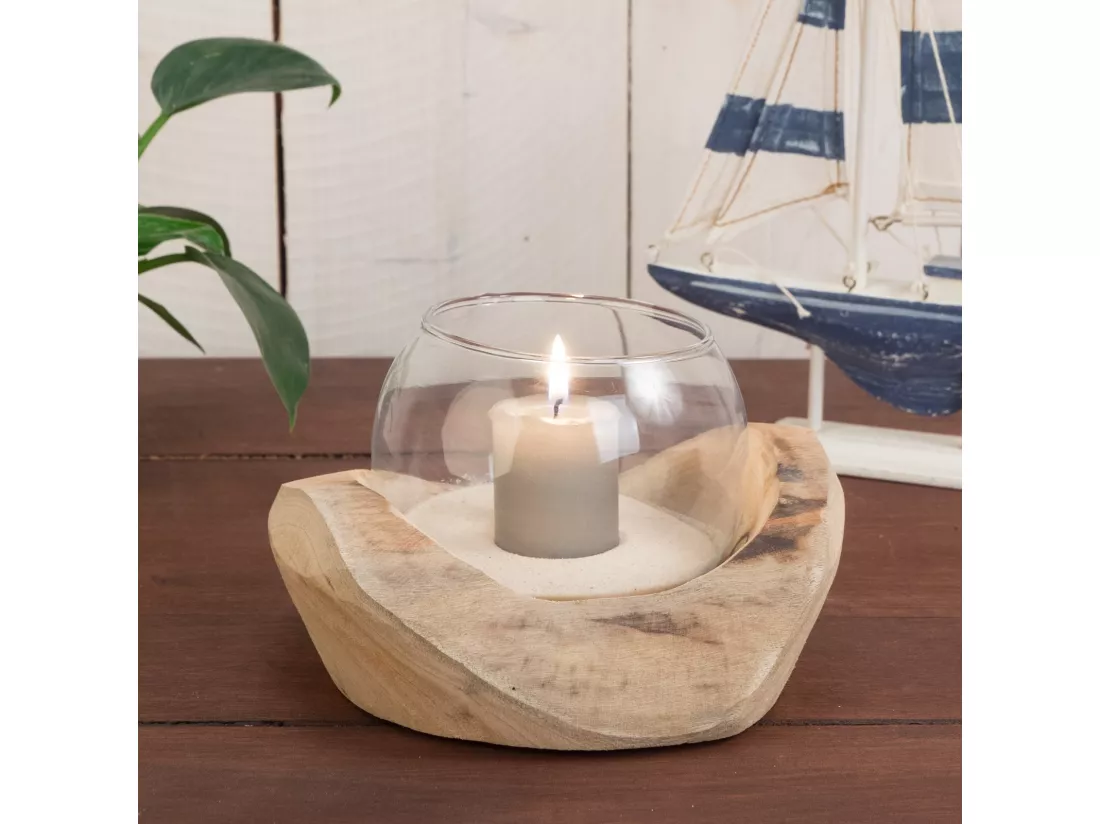 LANTERNE Nuria 18x11x15 cm, bois de racine, avec insert en verre couleurs naturelles