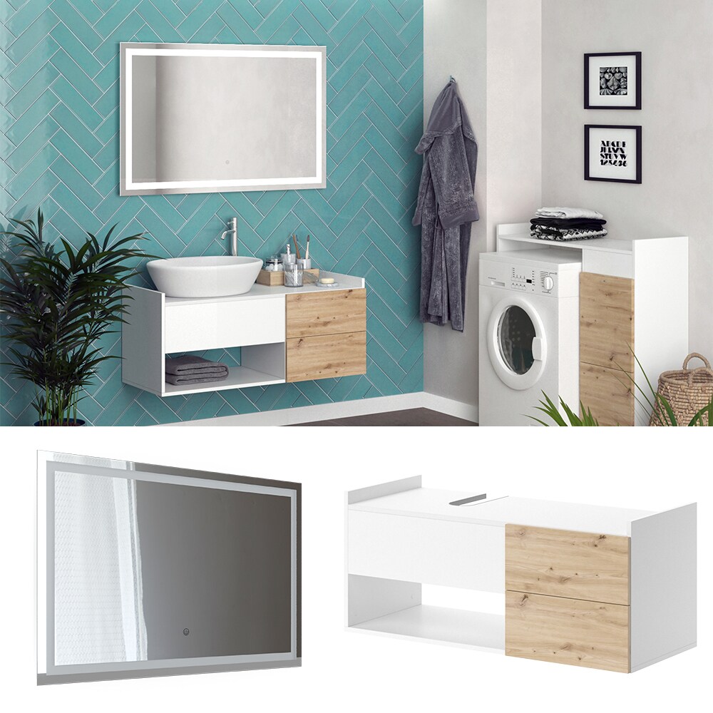 Vicco Badmöbel-Set Alf, Weiß Artisan Eiche, Badezimmer, moderne Badserie, Waschtischunterschrank, LED-Spiegel
