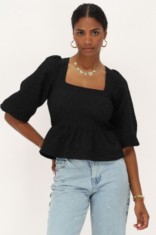 Zwarte jacquard top met peplum