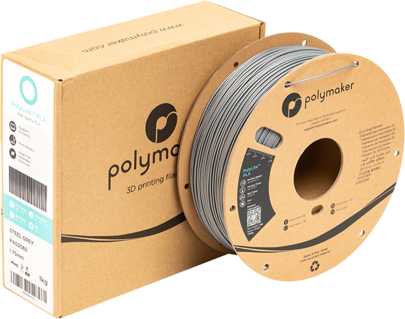 Polymaker  PolyLite PLA Steel Grey, 1,75 mm / 1000 g    Hochwertiges günstiges PLA von Polymaker