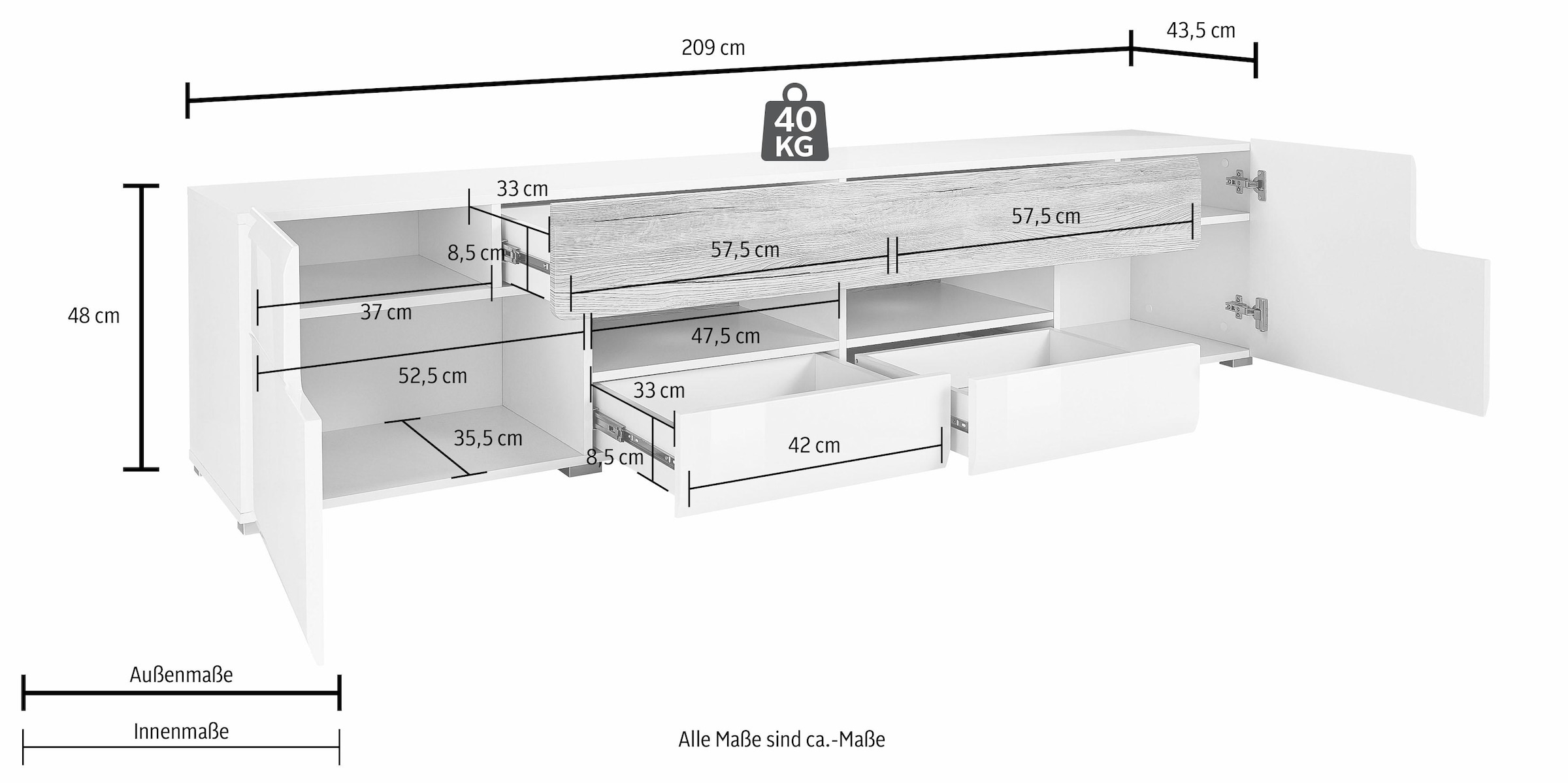 INOSIGN Lowboard »Toledo,Breite 209cm, trendige TV-Schrank mit dekorative Fräsungen« TV-Board ohne Beleuchtung, TV-Kommode mit viel Stauraum