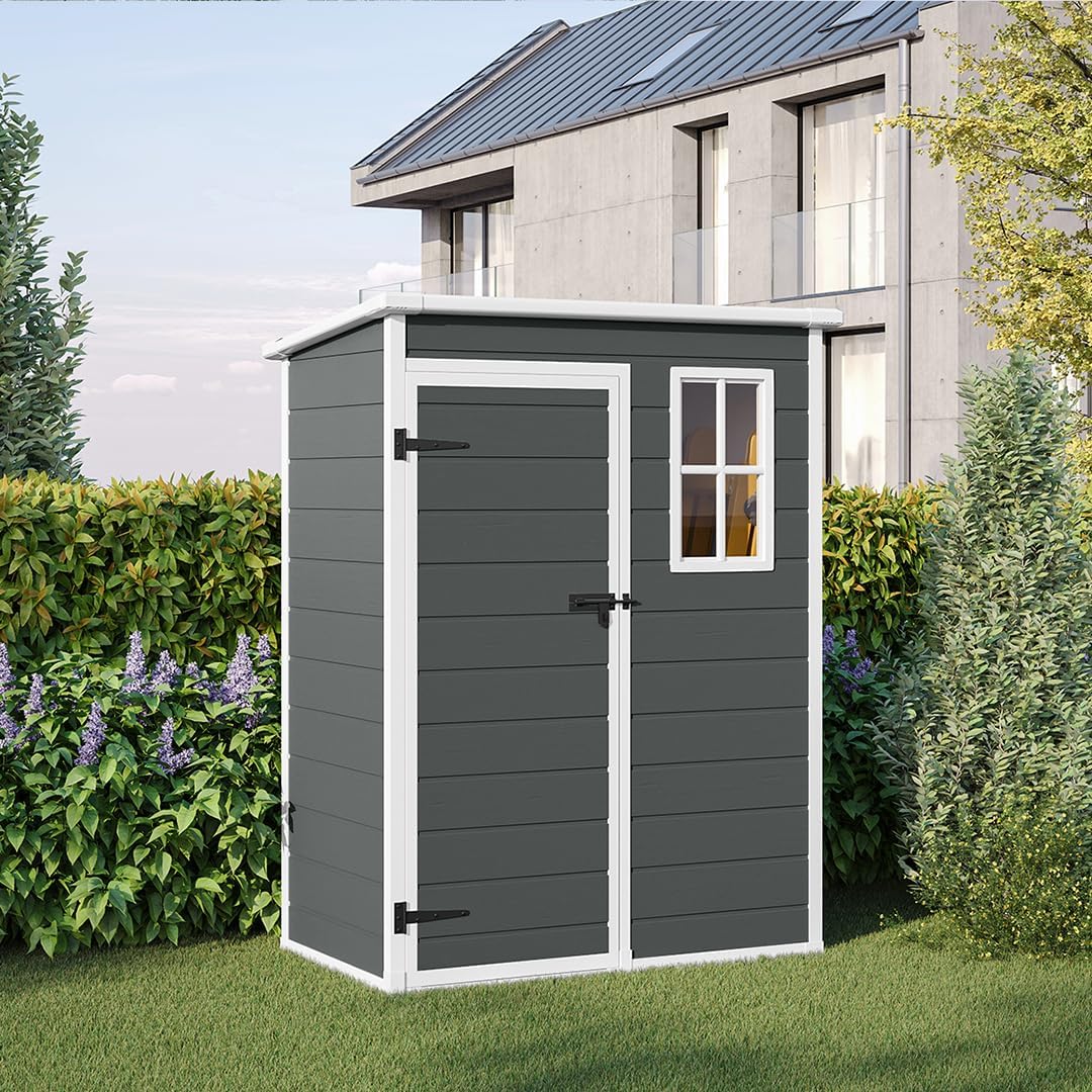 STEELSØN Novara Gerätehaus – Gartenschuppen mit Pultdach & Fenster – Gartenhaus 192x92x151 cm (HxTxB) – Geräteschuppen aus Kunststoff in Anthrazit – Gartenhütte wetterfest & rostfrei – Schuppen