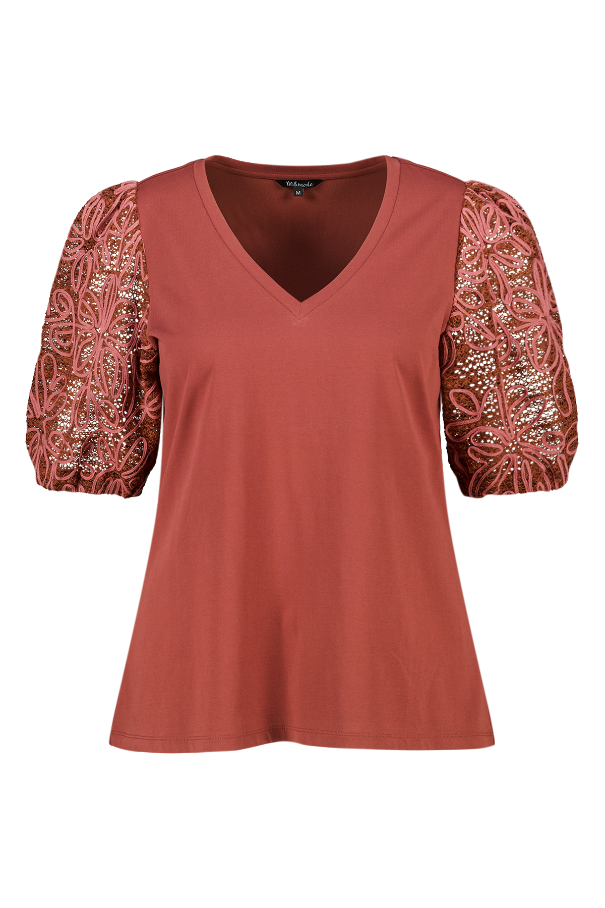 T-shirt met geborduurde mouwen stone red