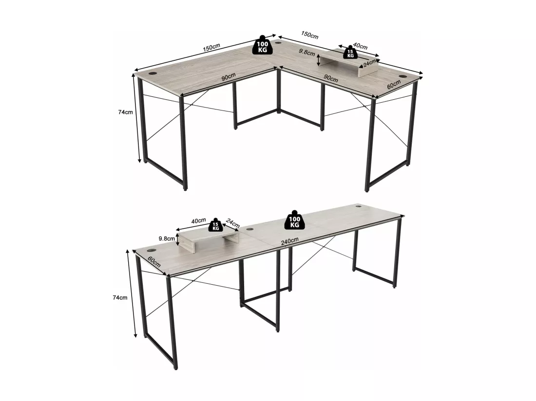 Bureau d'angle en L Réversible avec Support de Moniteur/Poste de Travail Industriel pour 2 Personnes avec 3 Trous de Câble-Assemblage Facile-150 x 150 x 74 CM, Gris