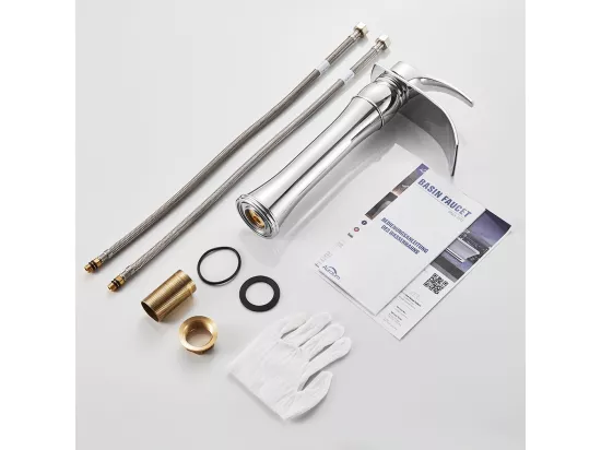 AuraLum Max 2pcs Mitigeur Lavabo Cascade Robinet Monocommand pour Lavabo et Vasque,Haute Bec pour Vasque à Poser -en Laiton,Chromé,EU Modèle