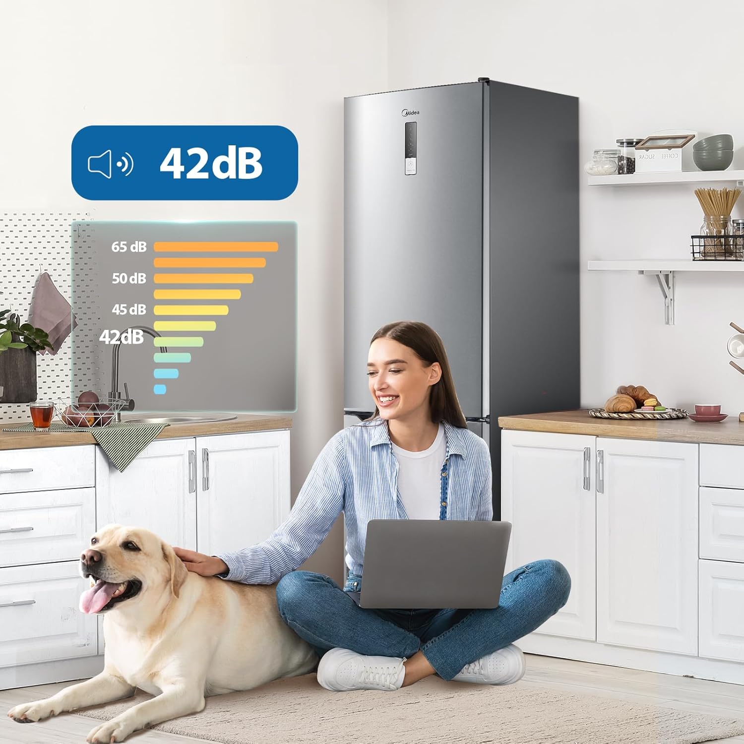 Midea MDRB424FGE02OA Kühl-/Gefrierkombination/188 cm Höhe/NoFrost/LED-Beleuchtung/Hochwertiger GMCC-Kompressor/Elektronische Steuerung/Zuverlässige Gefrierleistung/235 kWh/Jahr/224L Kühlteil