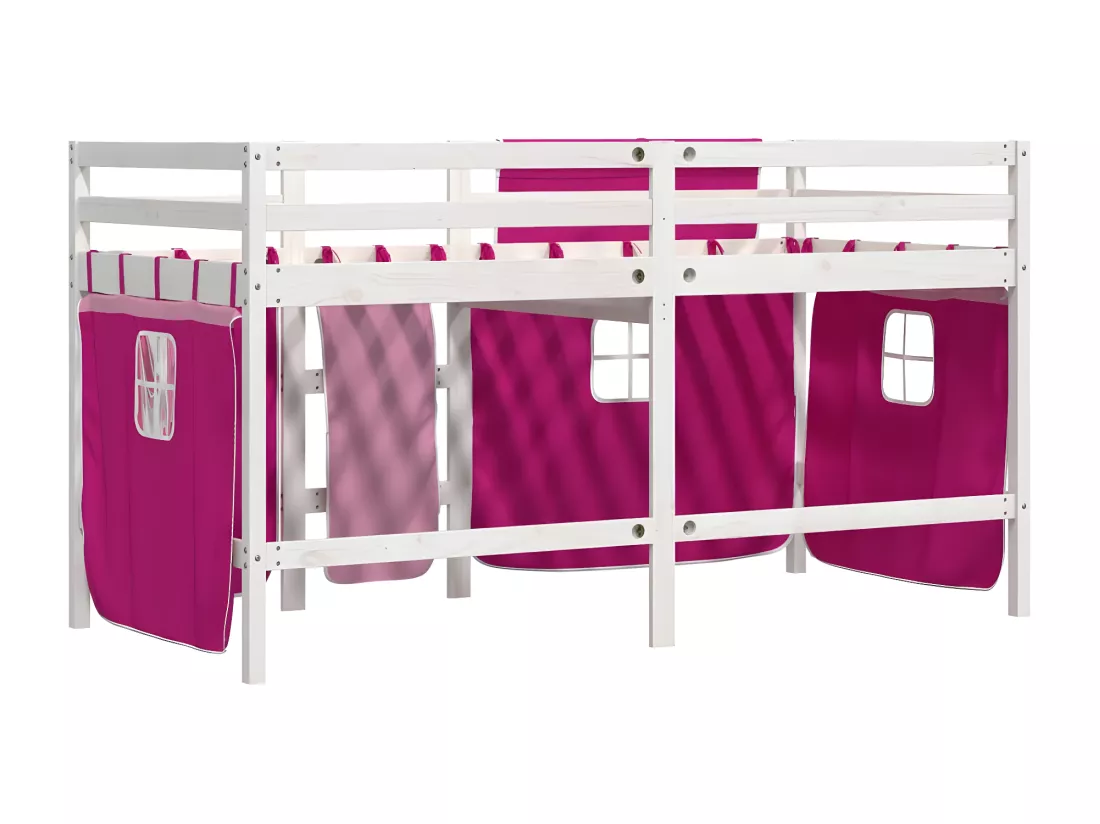 Lit mezzanine enfants et rideaux rose 80x200cm bois pin massif