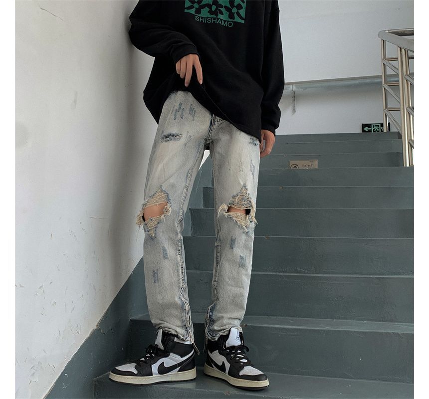 Acrius - Mid Rise Washed Distressed Straight Leg Jeans