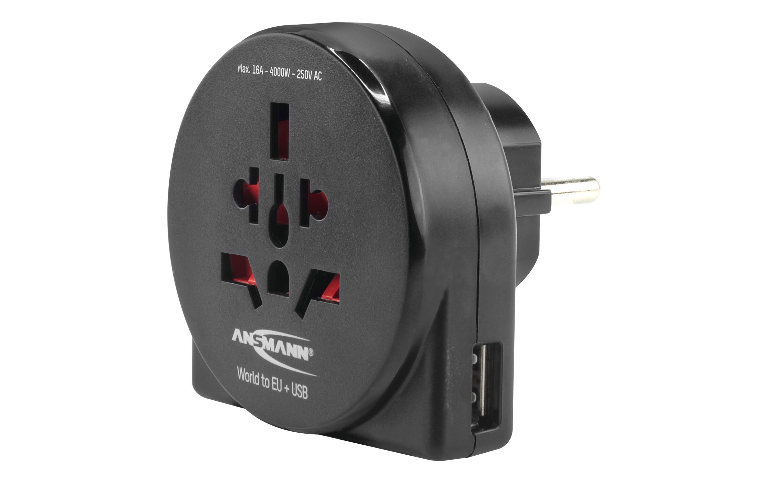 Reiseadapter World to EU + USBKompakter Reisestecker mit Schutzleiter und USB Ladeanschluss