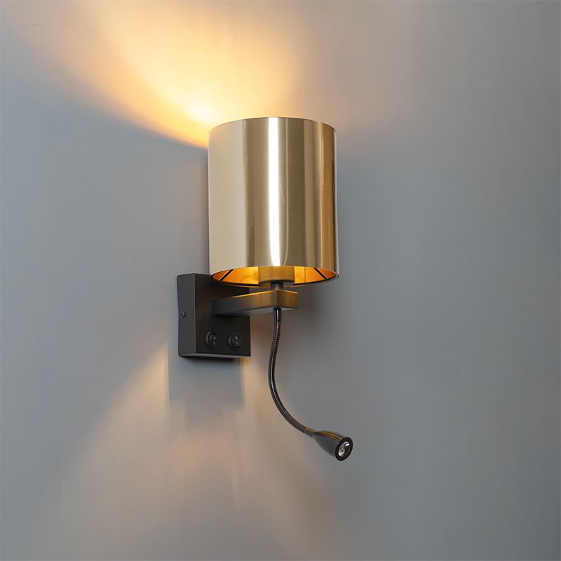Wandlamp zwart met flexarm en kap goud 15 cm - Brescia