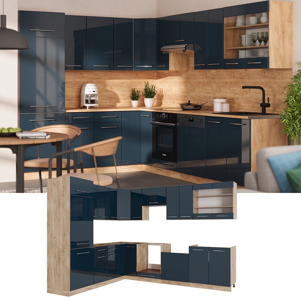 Vicco Eckküche Fame-Line Eiche Dunkelblau Hochglanz 287x227 cm ohne Arbeitsplatte