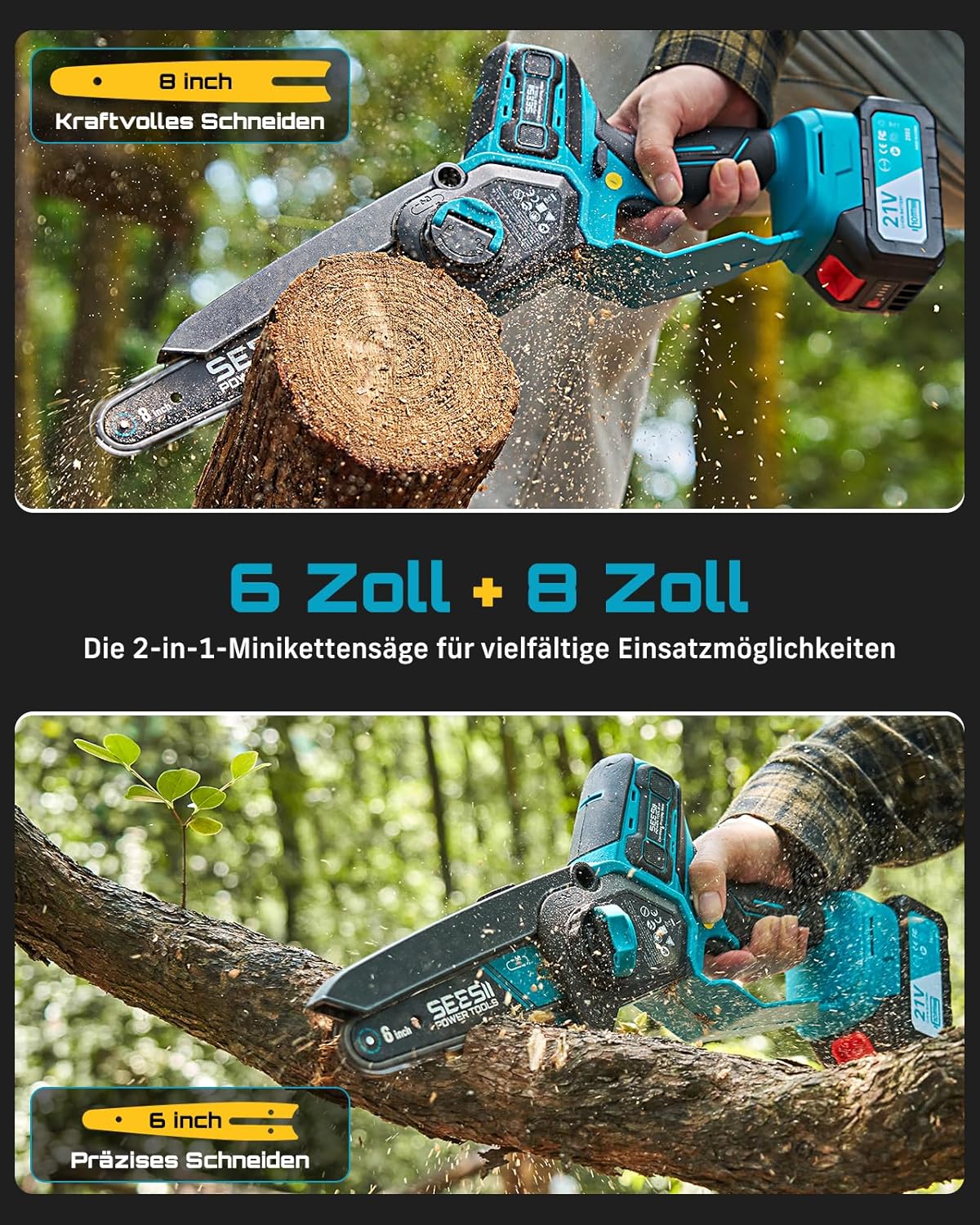 SEESII 6 & 8 Zoll Mini Kettensäge, 1000 W Brushless Kettensäge mit 2 * 4000 mAh Akkus, Kleine Säge mit Automatische Kettenschmierung & Werkzeuglose Kettenspannung, Astsäge Akku für Holz, Ast