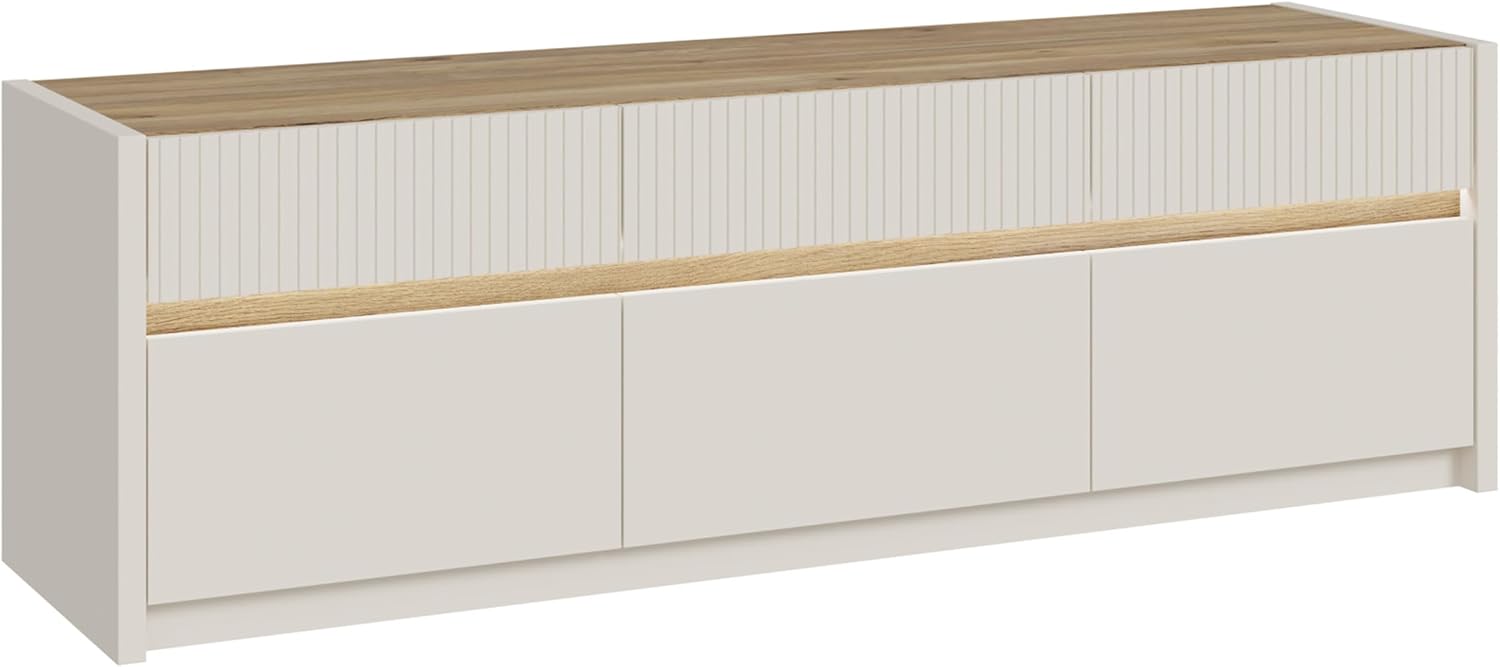 Forte Oak SQUERE TV-Schrank 160, Elegantes Lowboard mit 3 Schubladen und 3 Kippfächern, Holzwerkstoff, Mauvella Eiche Holzdekor, 160 cm breit x 50,7 cm hoch x 41,5 cm tief