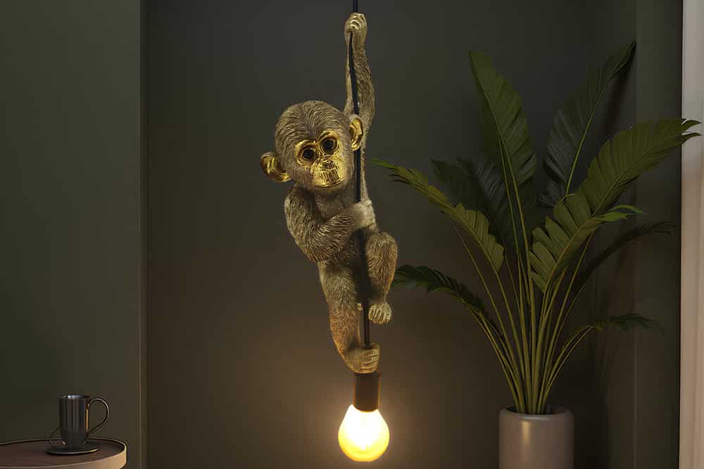 Moderne Hängelampe MONKEY 55cm gold Affen-Skulptur handmade