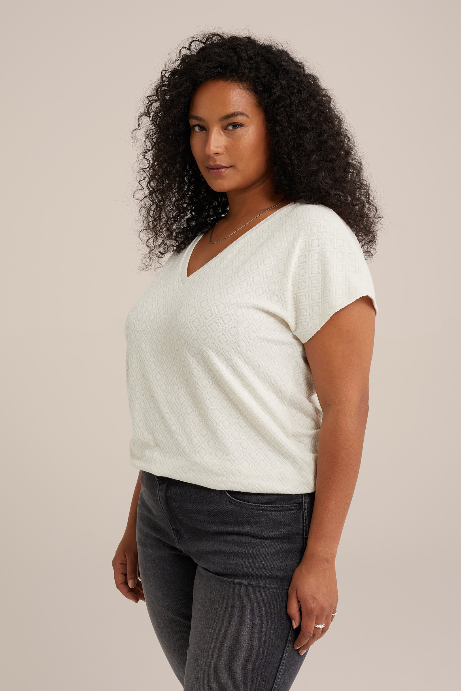 T-shirt met structuur - Curve WE Fashion Gebroken wit