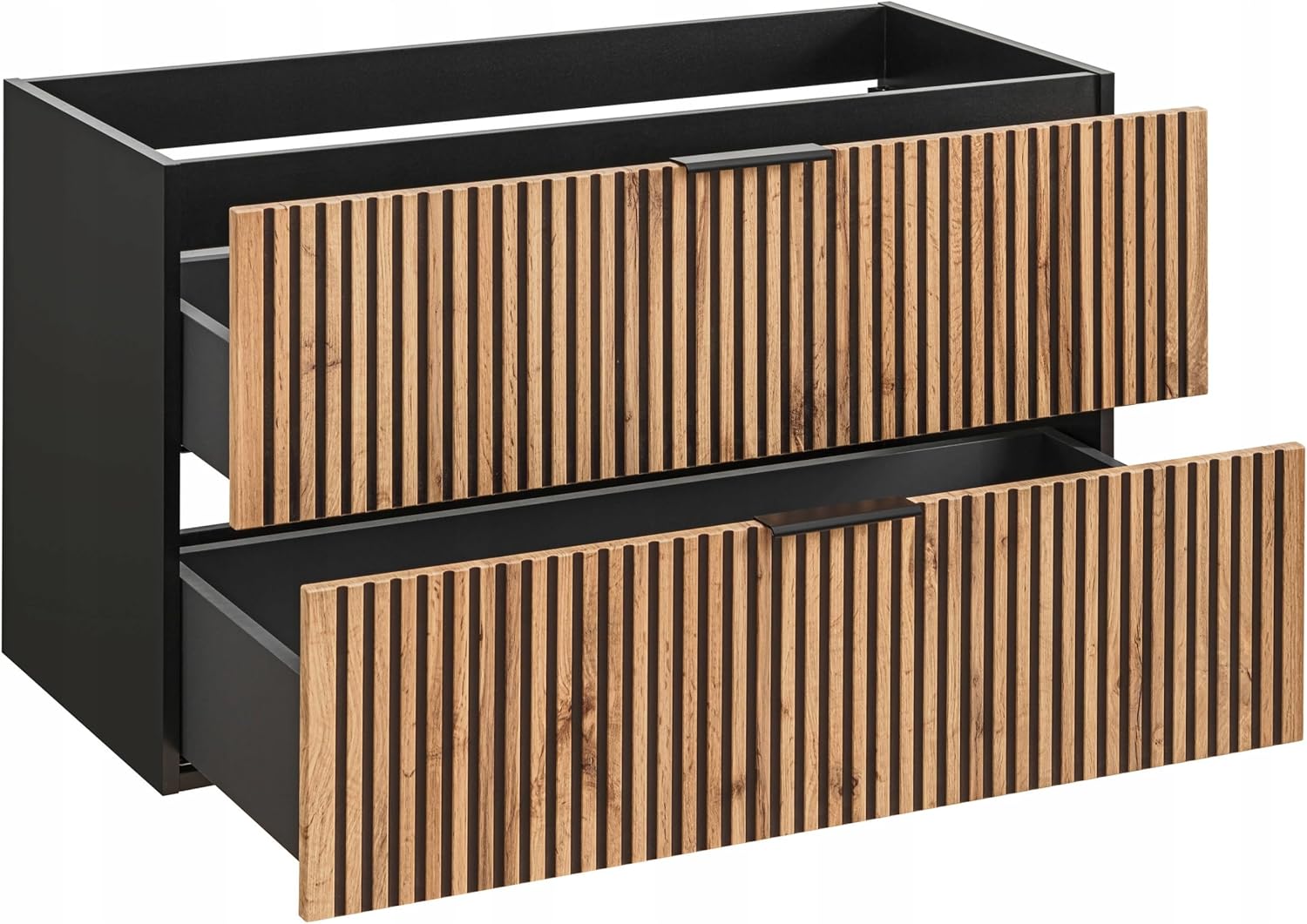 Set XO Schwarz Eiche Wotan: Unterschrank 120 cm mit 2 Schubladen + 35x140 cm Seitenschrank Hängeschrank Badschrank Badezimmerschrank Soft-Close Badmöbel-Set Geriffelte Fronten