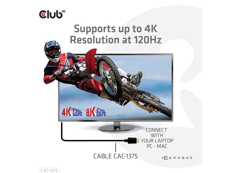 Club 3D Kabel Ultra High Speed 4K120Hz, 8K60Hz HDMI 2.1 - H Ultra High Speed HDMI 2.1-Kabel mit Unterstützung für Auflösungen bis zu 4K @ 120Hz oder 8K @ 60Hz