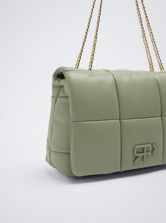 Bolsa de ombro acolchoada com corrente - Cáqui