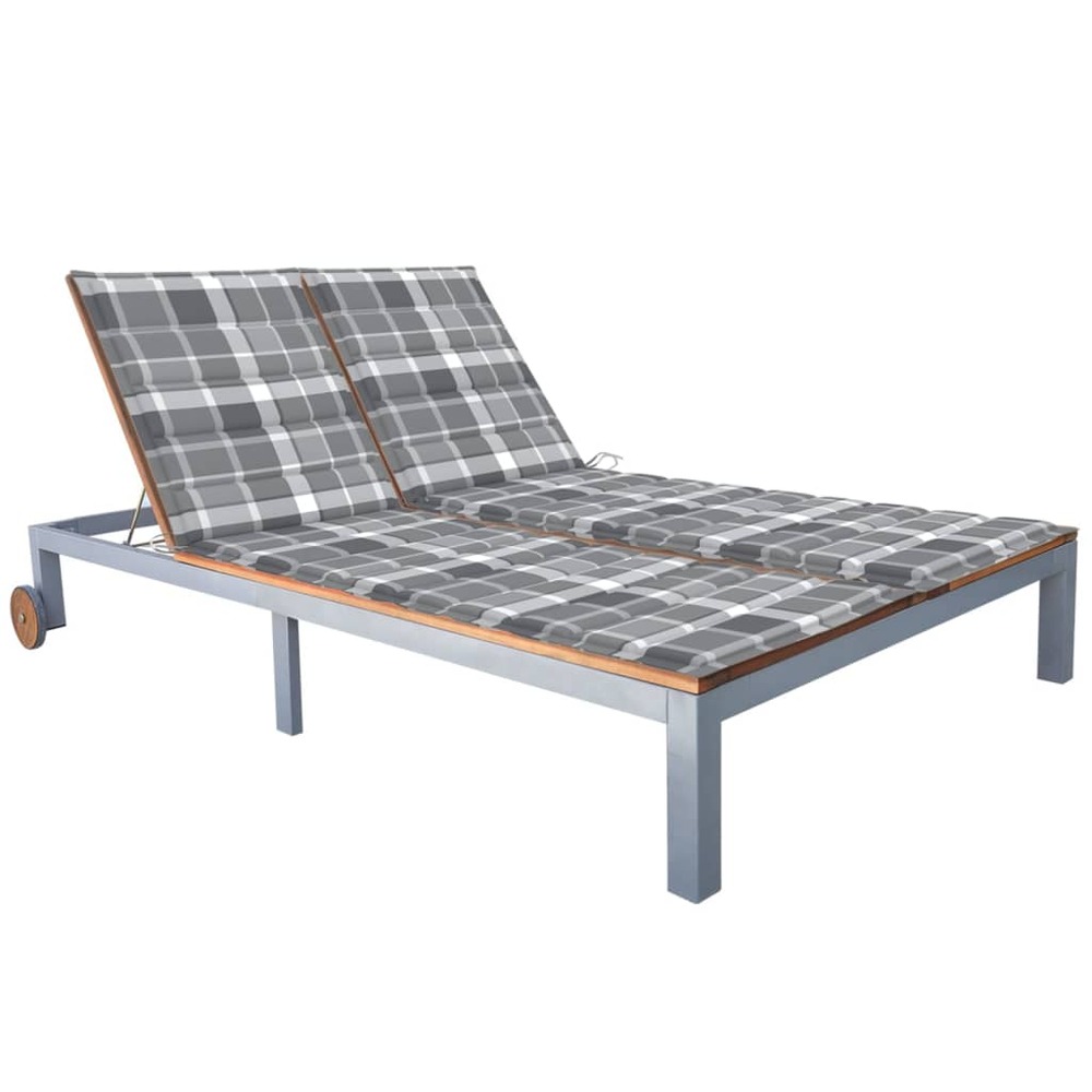 Transat chaise longue bain de soleil lit de jardin terrasse meuble d'extérieur 2 places avec coussin acacia solide et acier 0