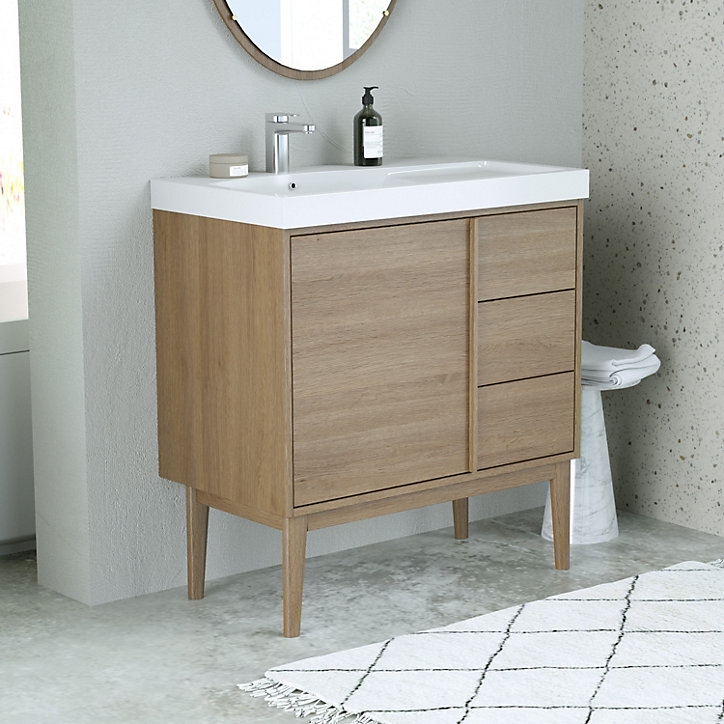 Ensemble meuble sous vasque placage bois Kabayan + plan vasque résine blanc Mila l.80 cm